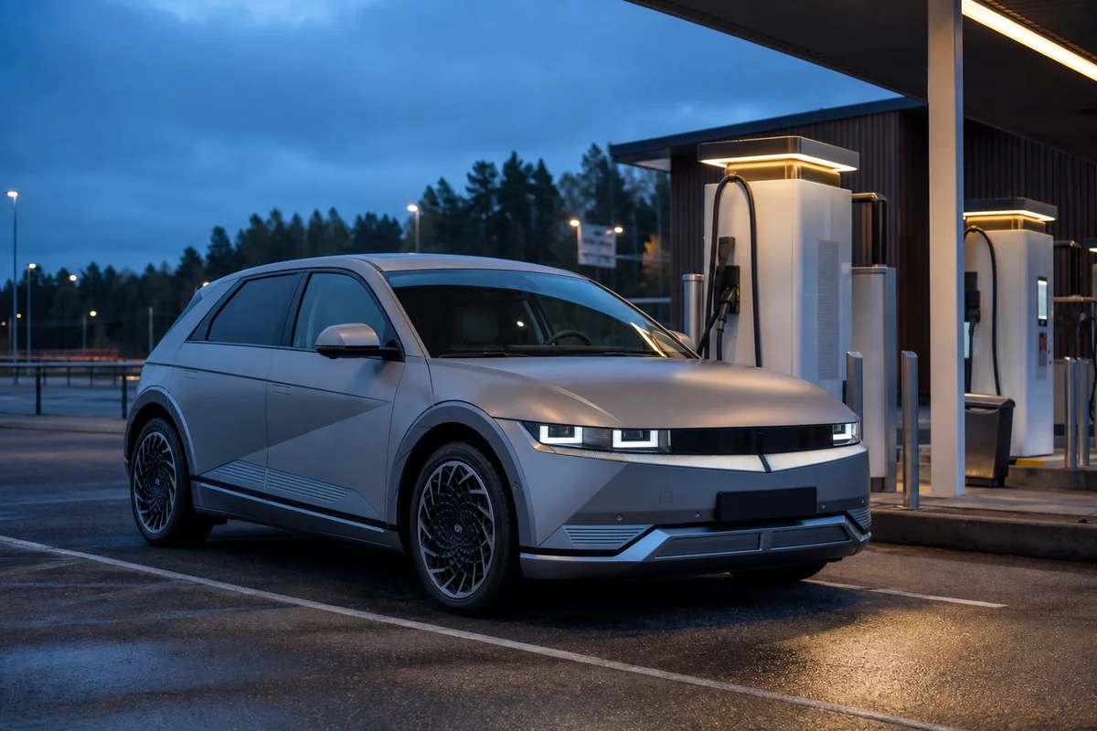 Silverfärgad Hyundai Ioniq 5 vid svensk snabbladdare