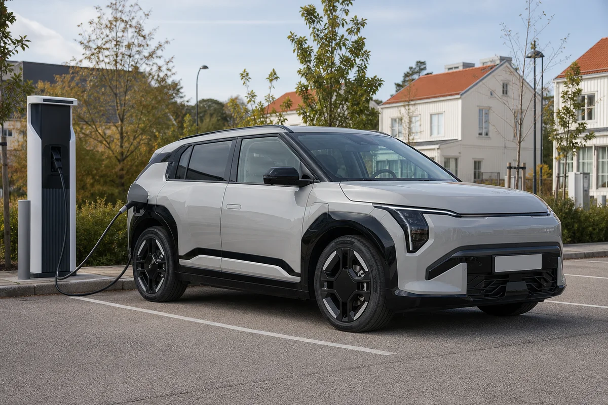 Ljusgrå Kia EV3 vid svensk laddstation