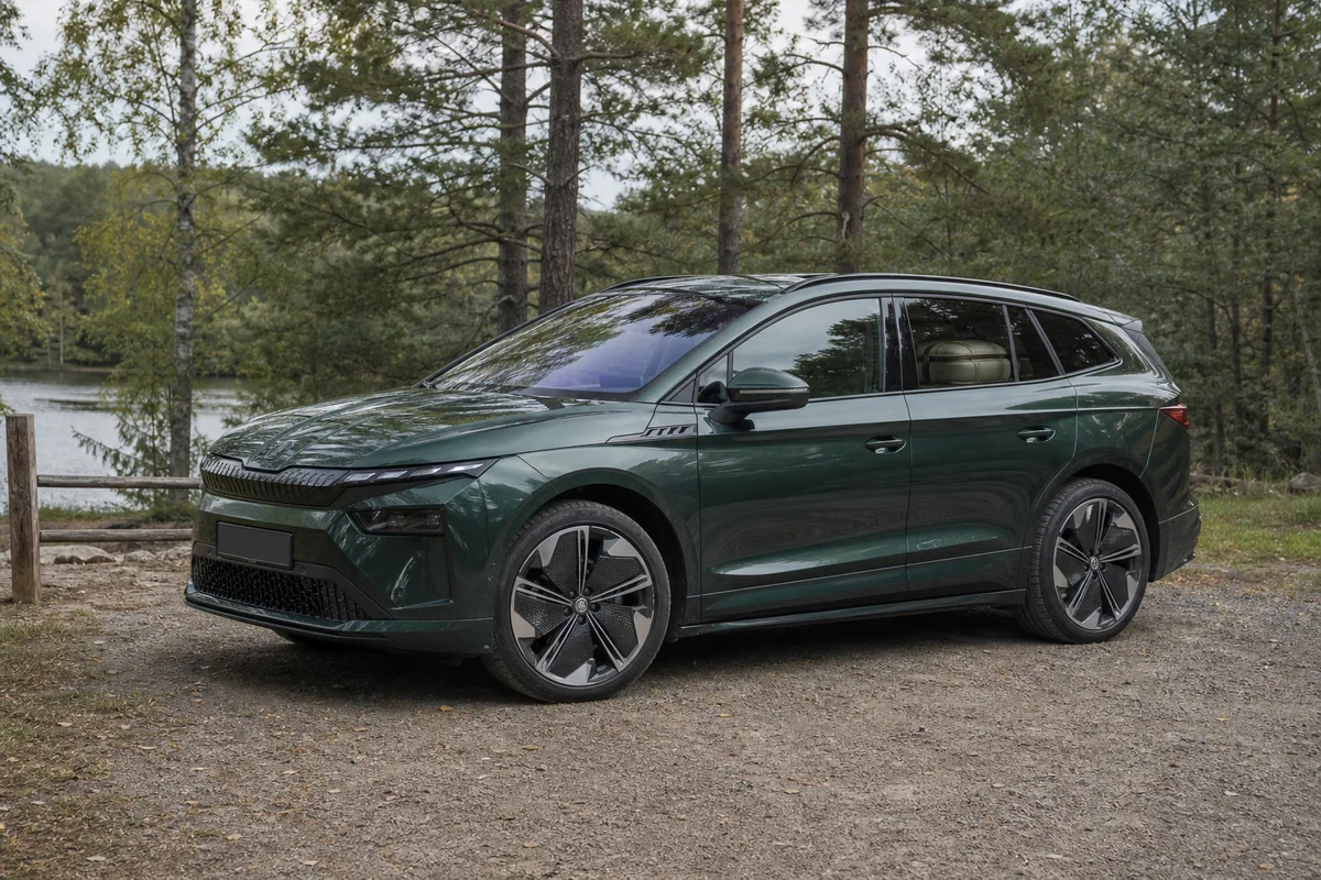 Mörkgrön Škoda Enyaq vid svensk skog