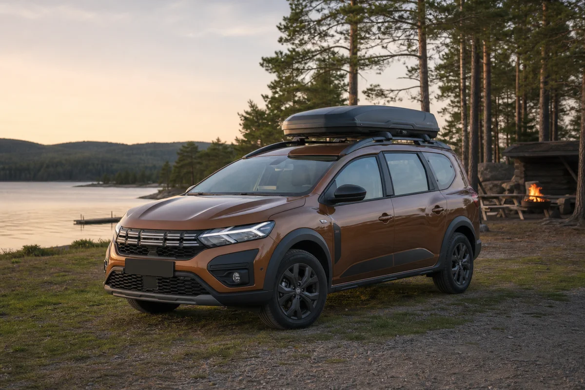 Bronsfärgad Dacia Jogger vid svensk camping