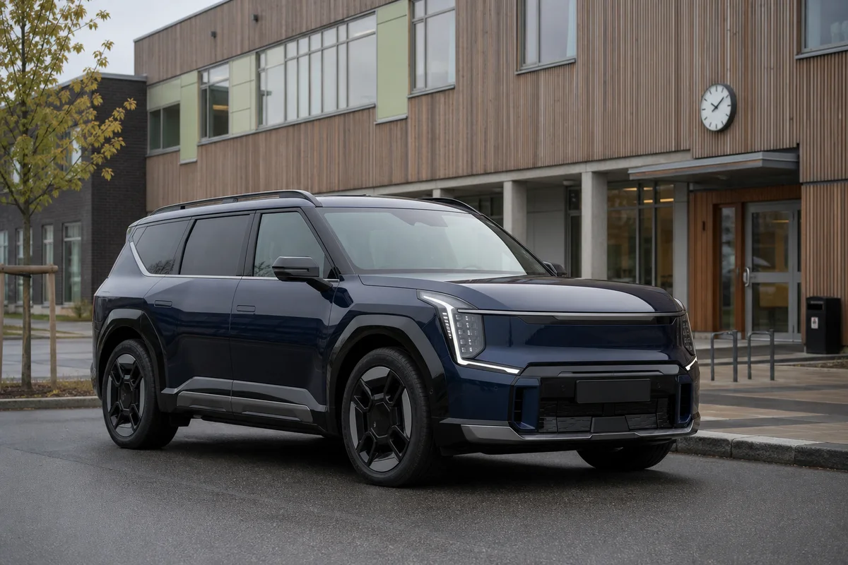 Mörkblå Kia EV9 utanför en skandinavisk skola