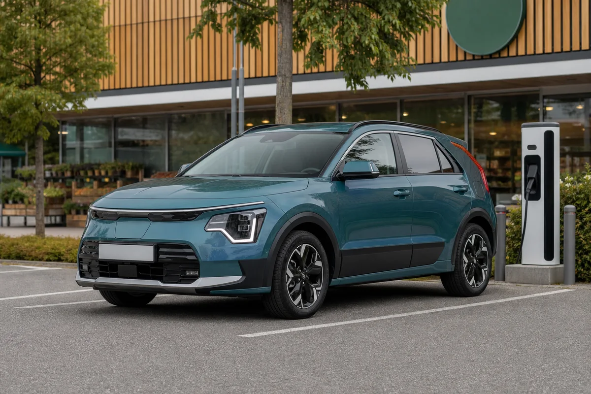 Turkos Kia Niro Hybrid vid en svensk butik