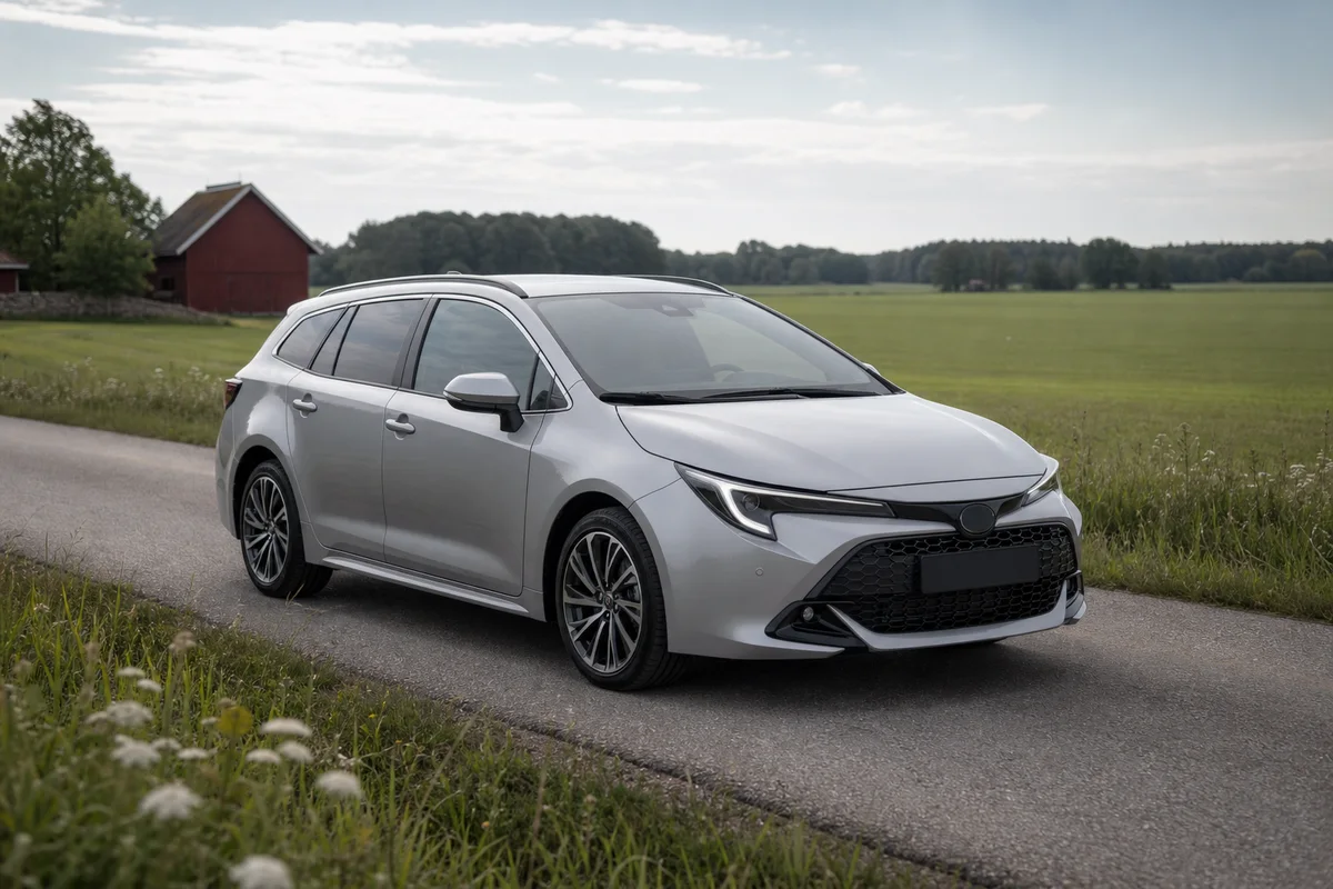 Silverfärgad Toyota Corolla Touring Sports på svensk landsväg
