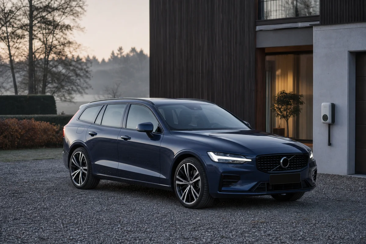 Mörkblå Volvo V60 vid svensk familjevilla