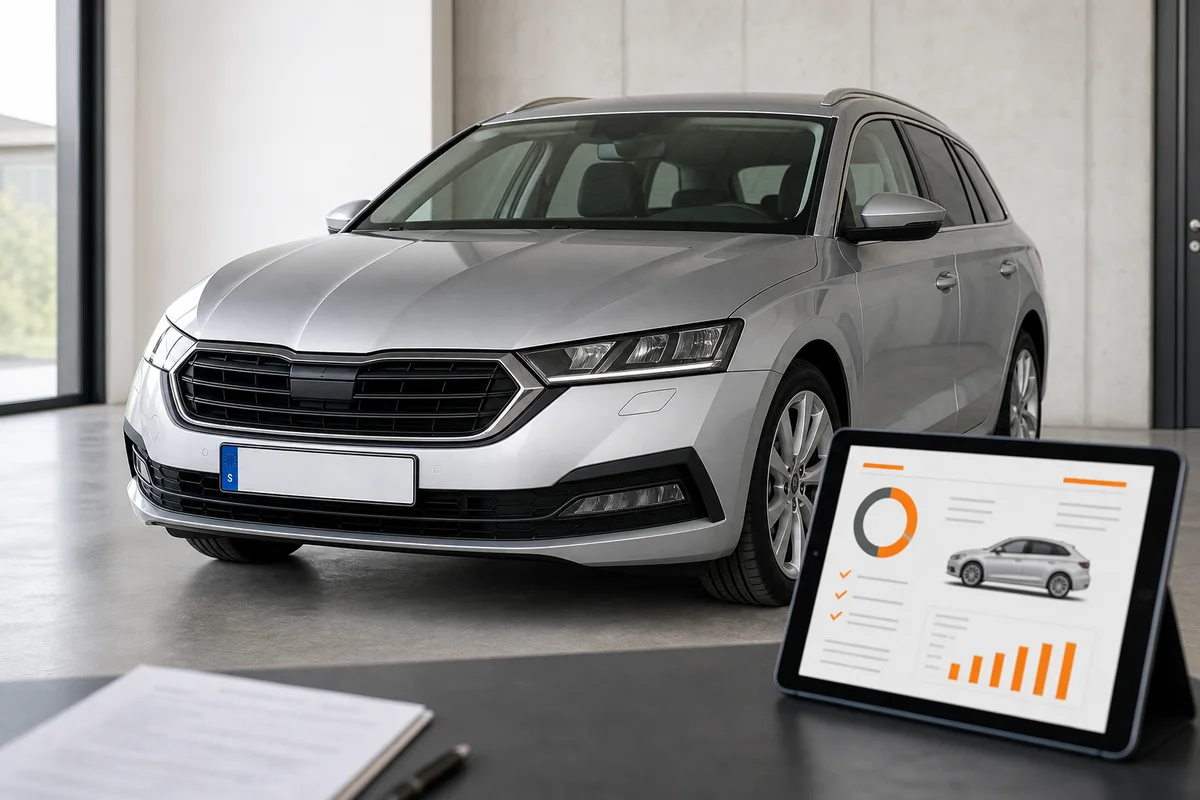 Silverfärgad bil med svensk registreringsskylt och en skärm som visar fordonsdata