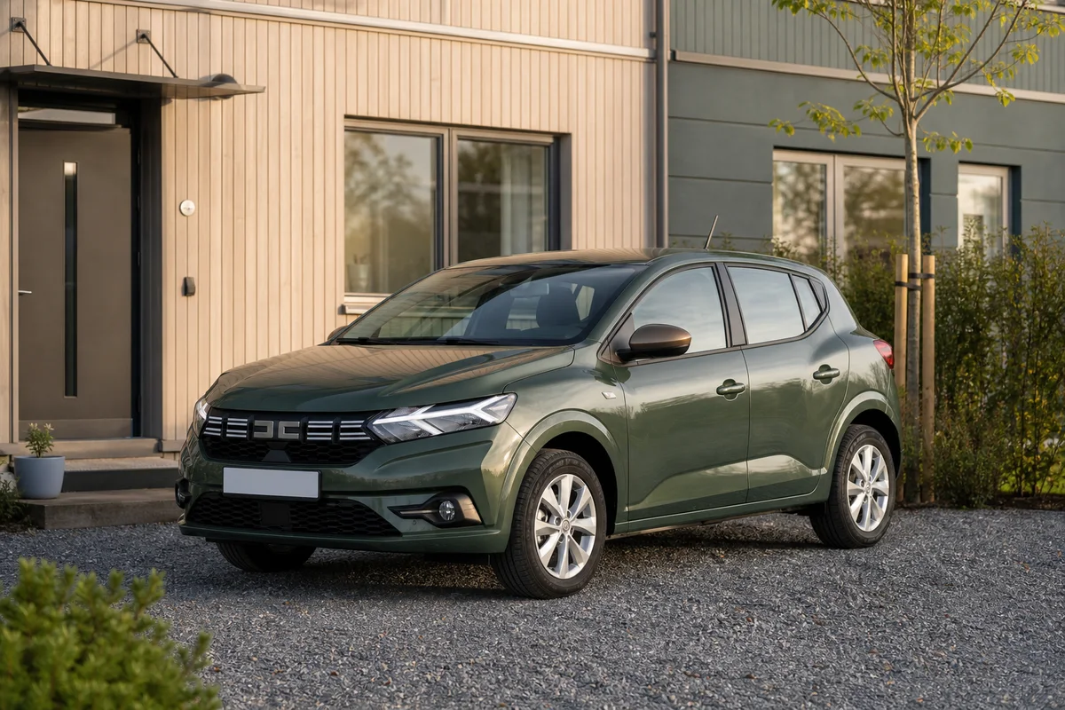 Grön Dacia Sandero utanför ett svenskt radhus