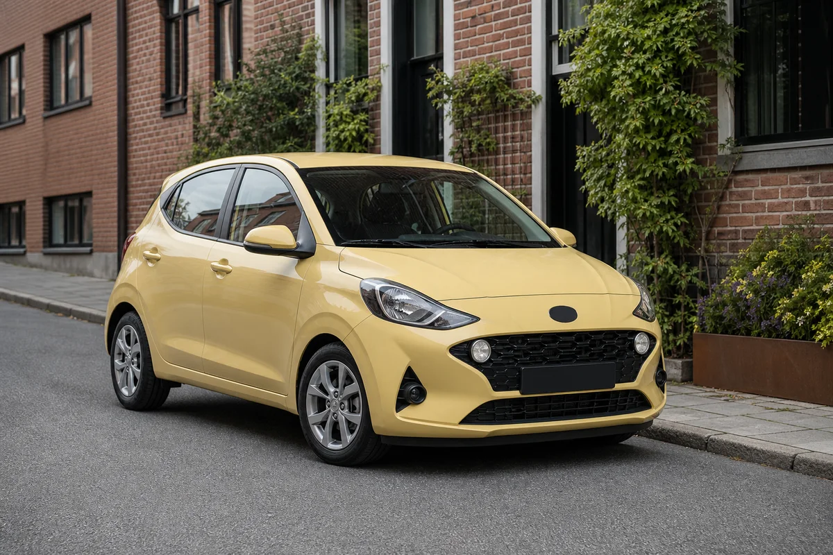Gul Hyundai i10 på en svensk stadsgata