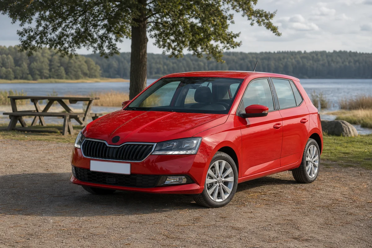 Röd Škoda Fabia vid en svensk sjö