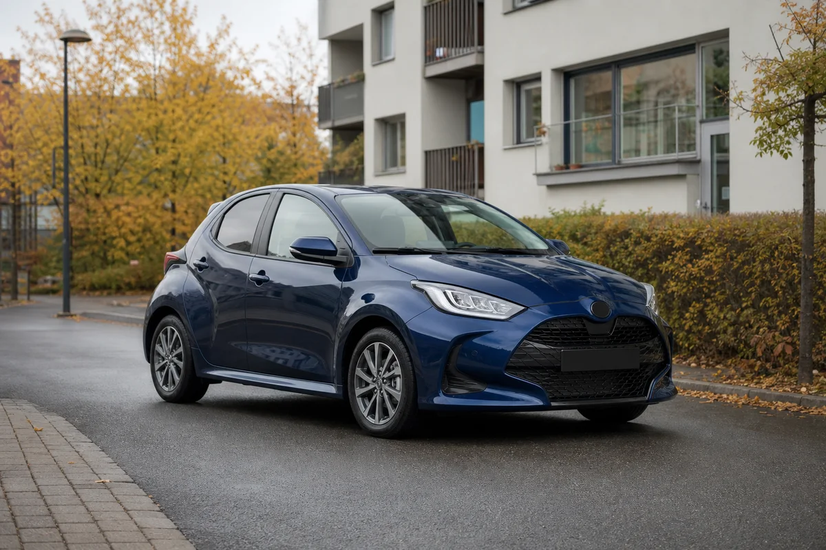 Mörkblå Toyota Yaris på en svensk bostadsgata