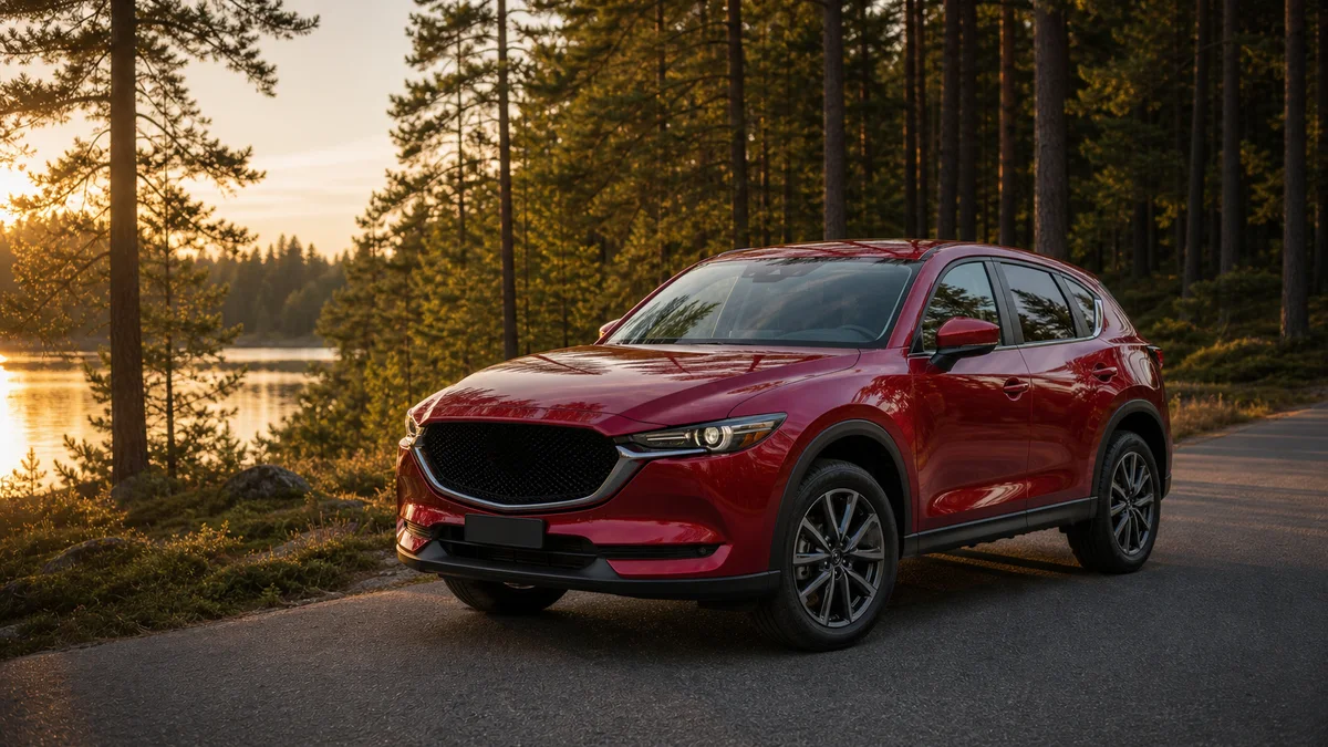 AI-genererad illustration av en Mazda CX-5-liknande SUV på svensk väg utan logotyper