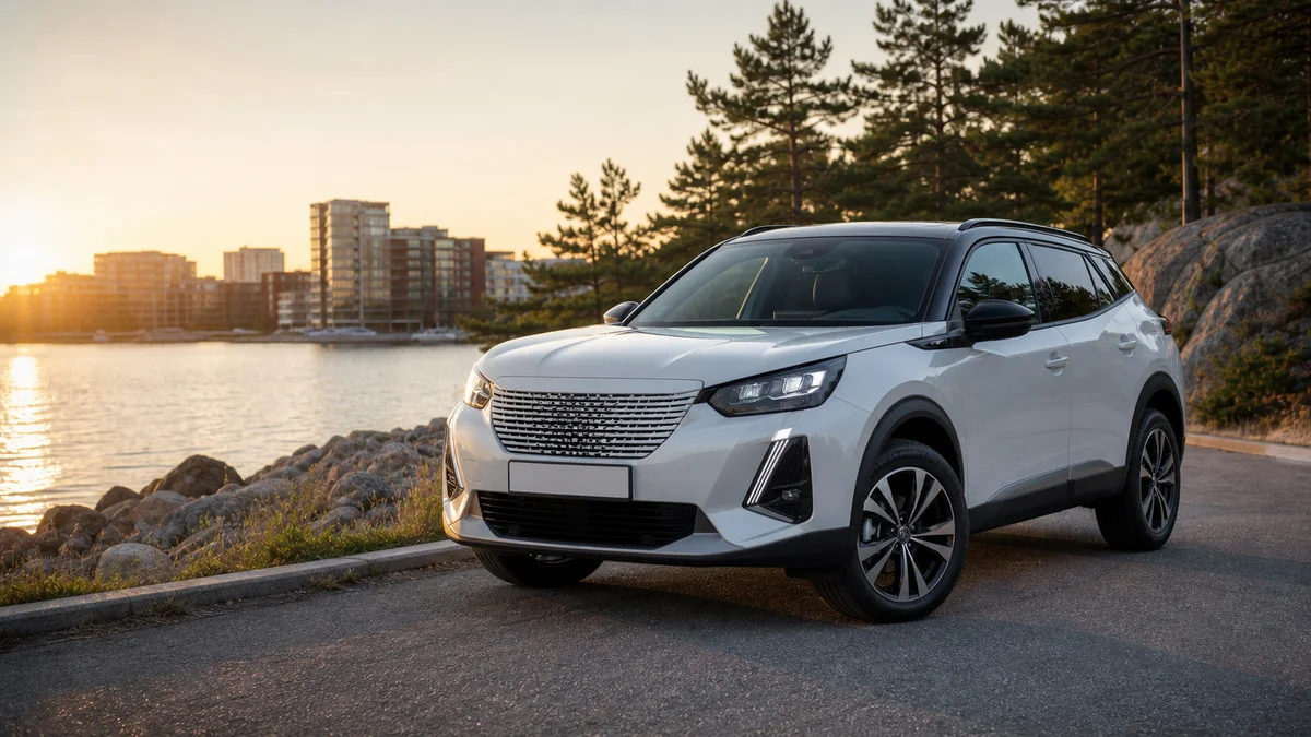 AI-genererad illustration av en Peugeot e-2008-liknande kompakt el-SUV utan logotyper