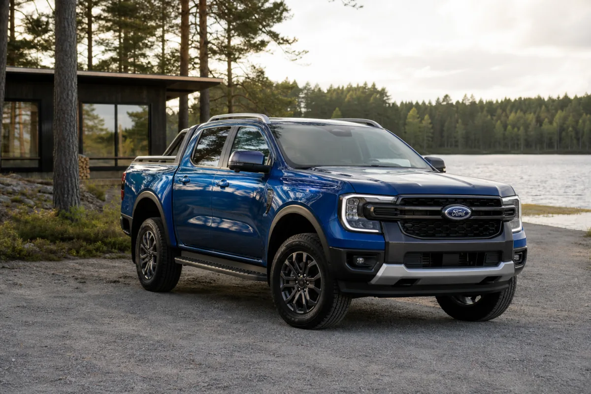 Blå Ford Ranger dubbelhytt vid en svensk sjö och tallskog