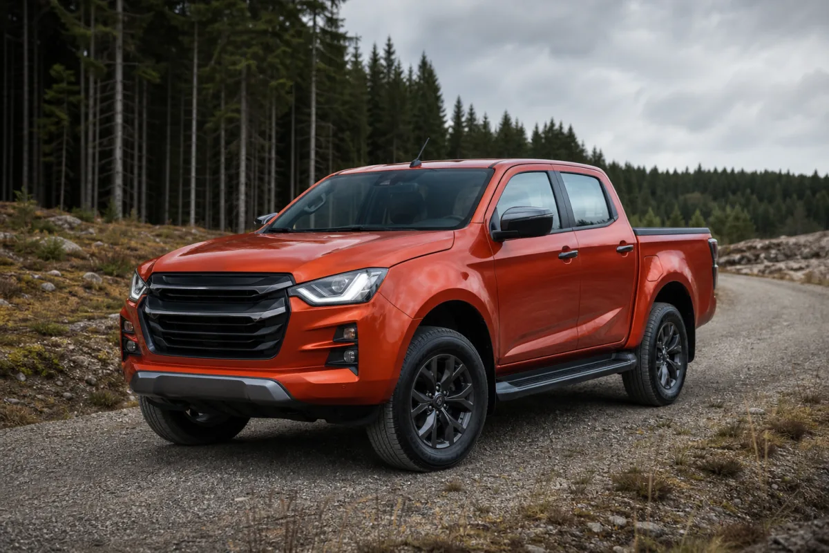Orange Isuzu D-Max dubbelhytt på en svensk grusväg vid skog