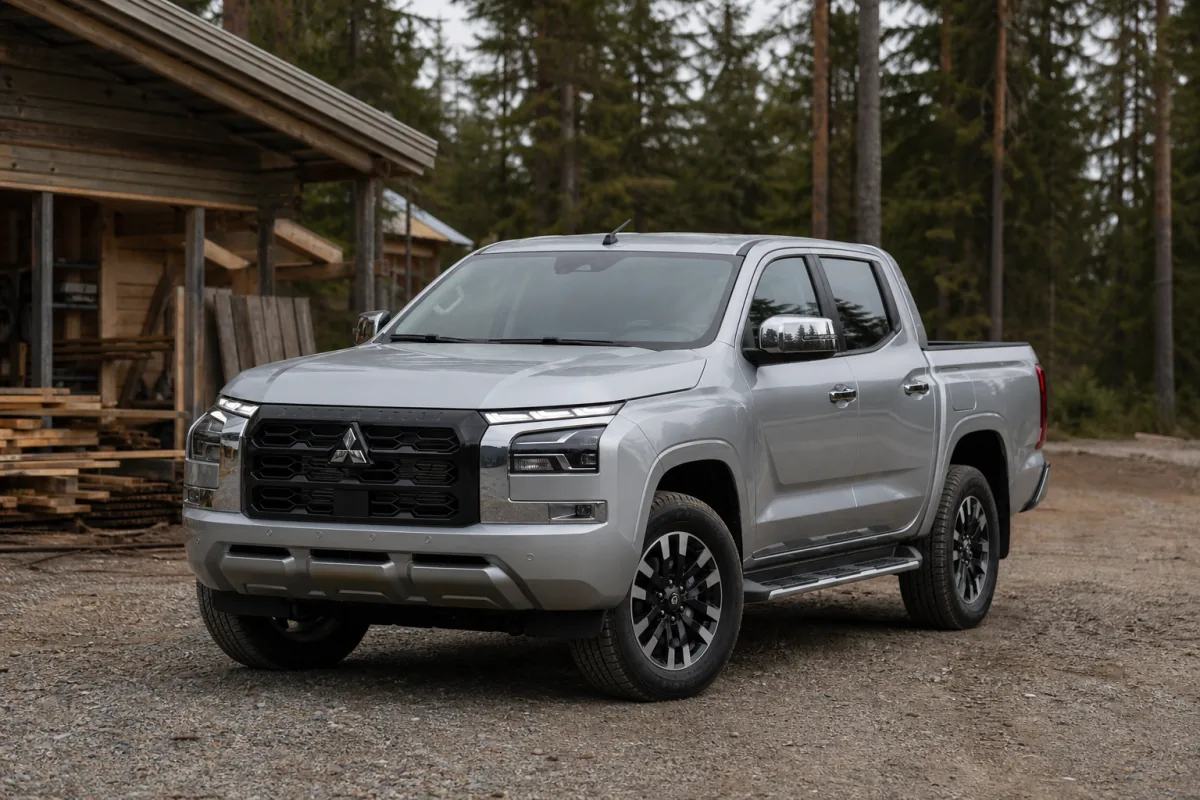 Silverfärgad Mitsubishi L200 dubbelhytt vid en svensk skogsverkstad