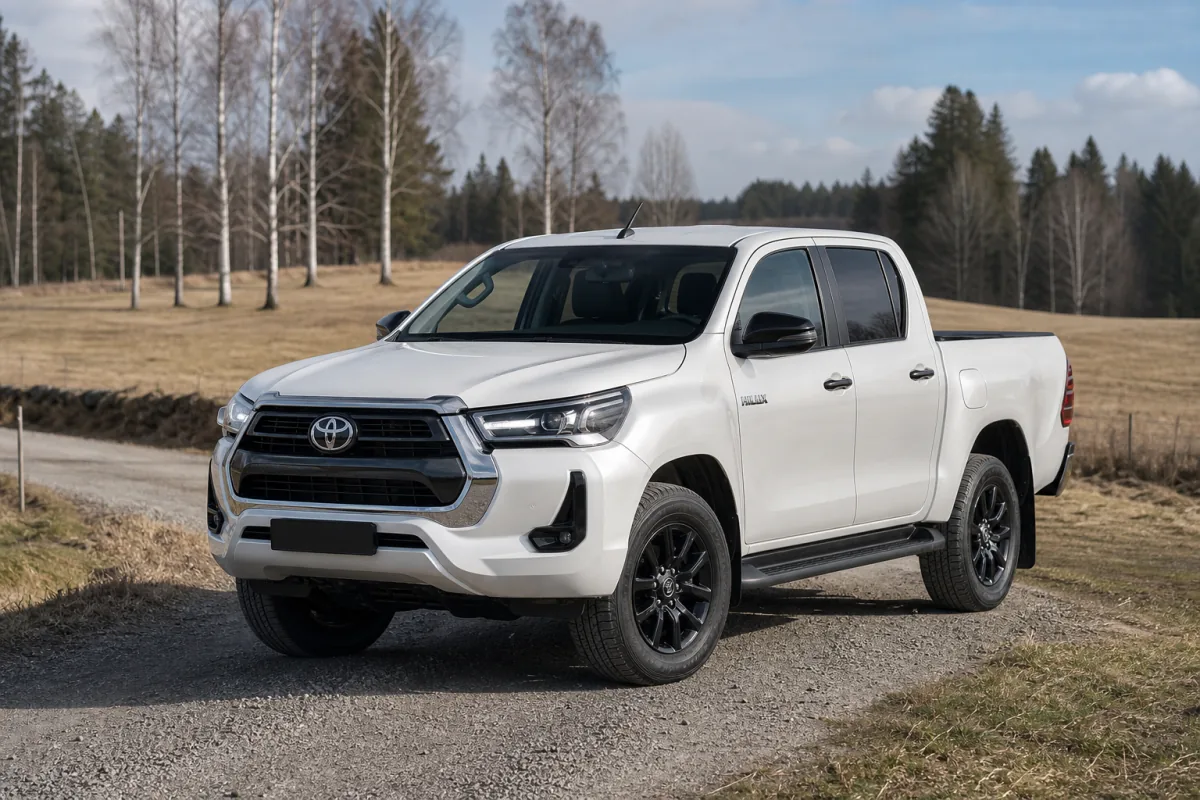 Vit Toyota Hilux dubbelhytt på en svensk landsväg