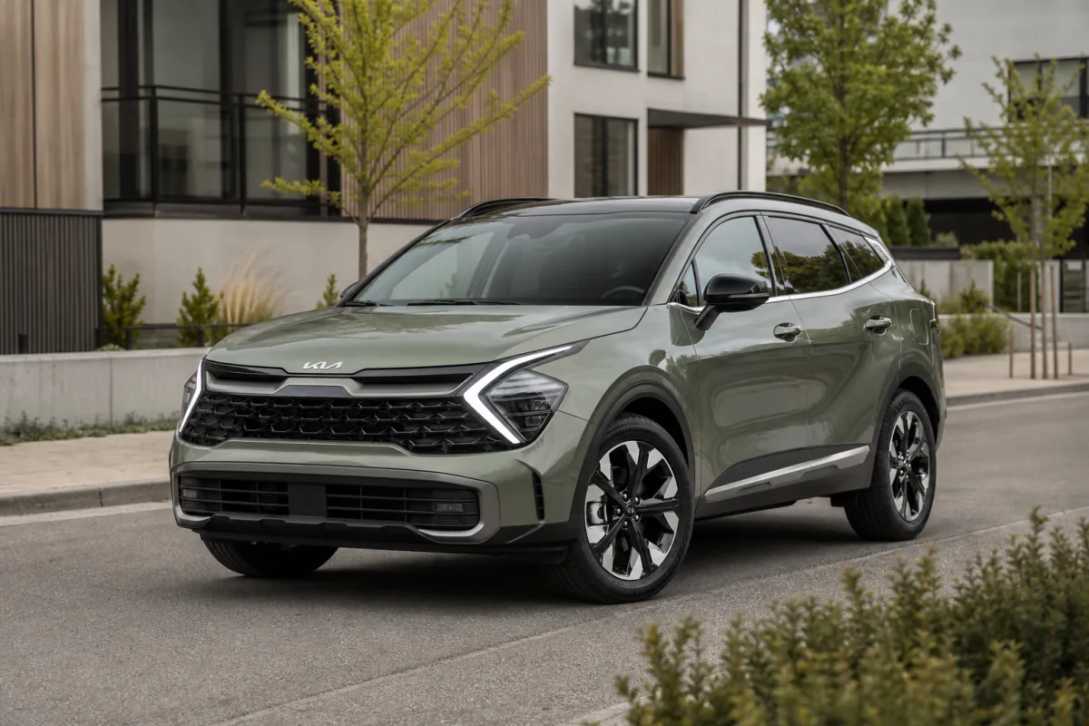 Salviagrön Kia Sportage på en modern svensk bostadsgata