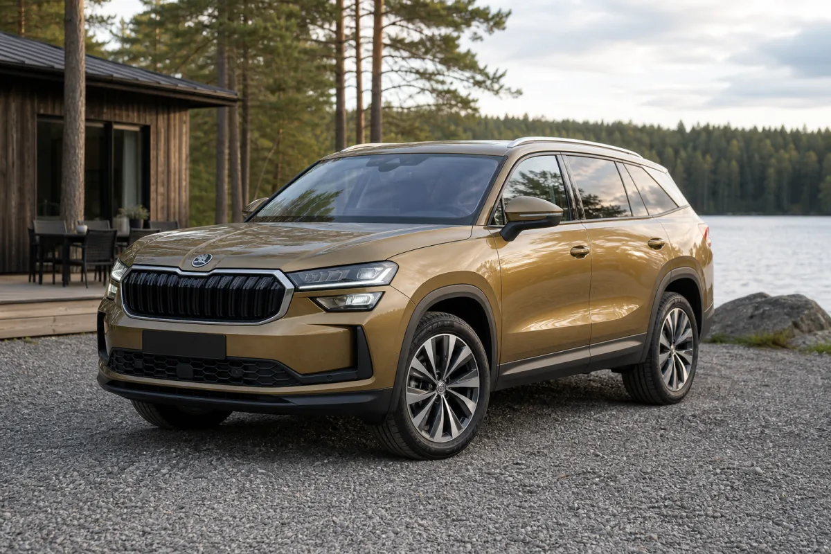 Bronsfärgad Škoda Kodiaq vid en skandinavisk sjö och familjestuga