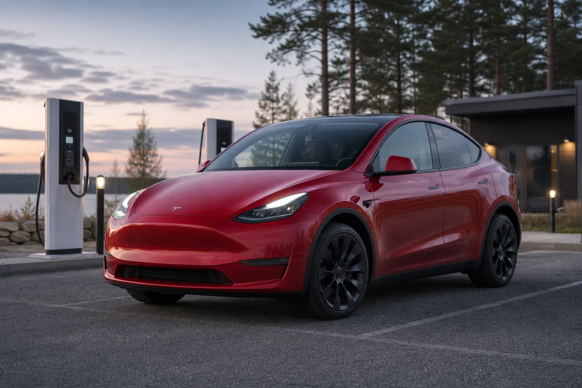Röd Tesla Model Y vid en svensk laddstation i nordiskt skymningsljus