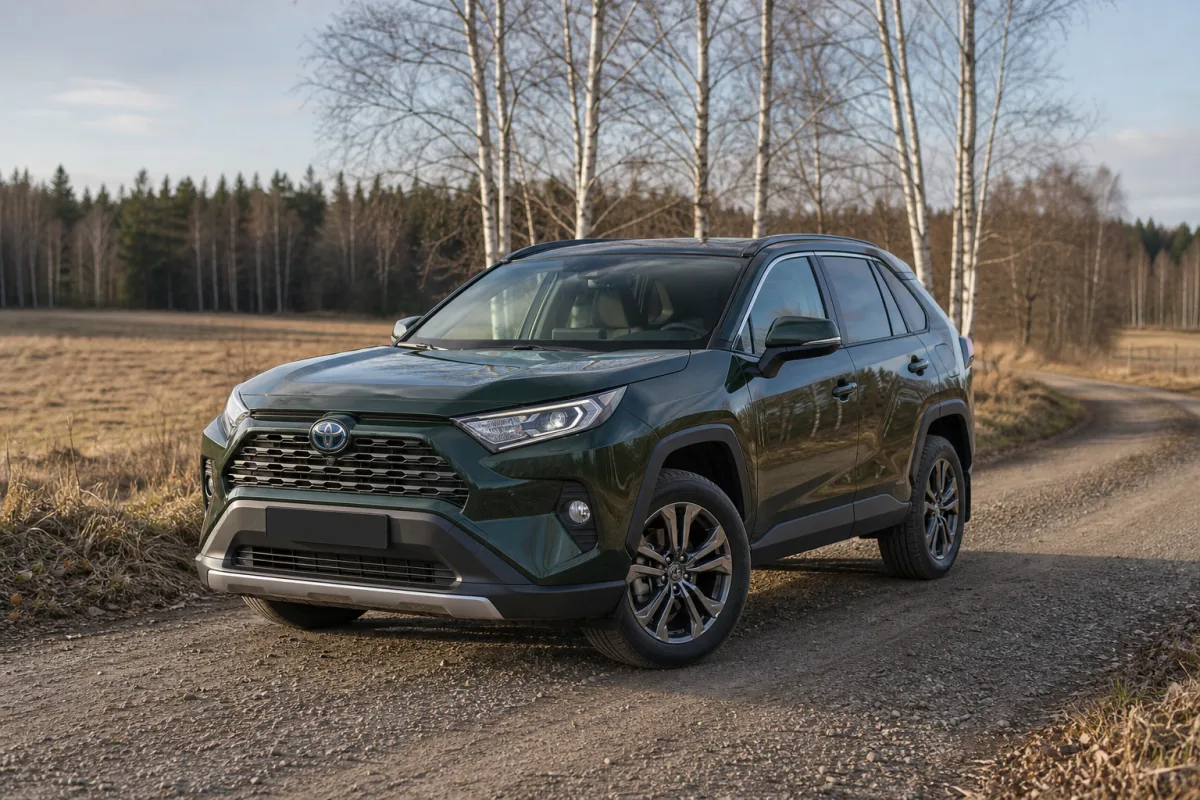 Mörkgrön Toyota RAV4 på en svensk landsväg vid björkskog