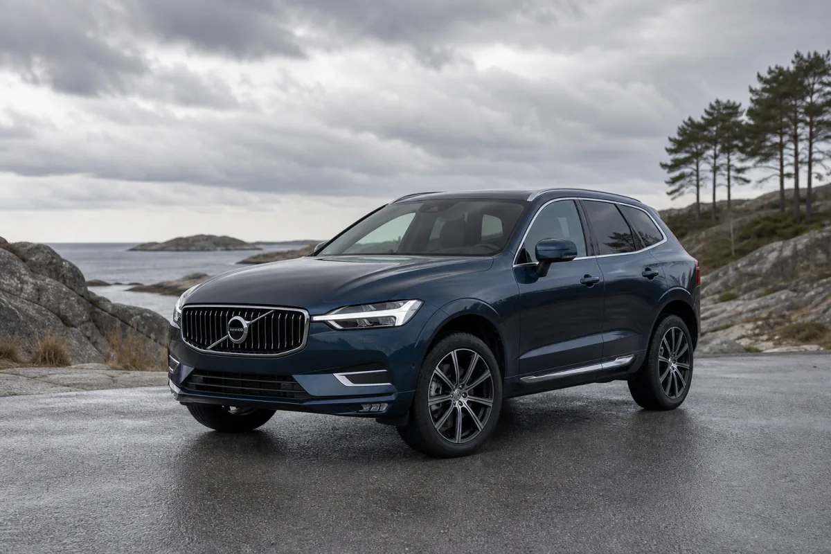 Mörkblå Volvo XC60 i en svensk kustmiljö med granit och hav